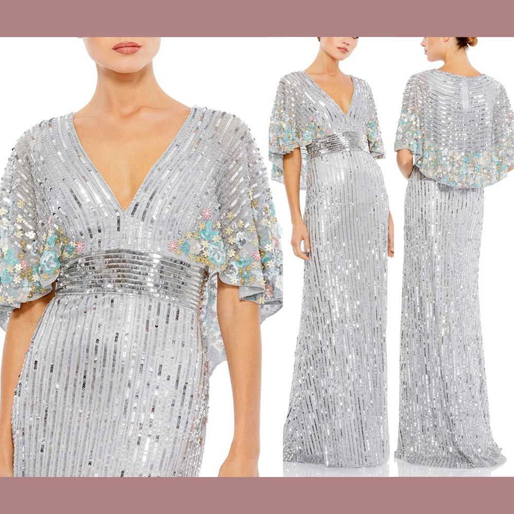 NWT Mac Duggal [ 16 ] 5221 Sequined Floral Embellished Cape Sleeve Gown Platinum